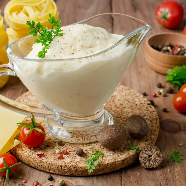 Besamelmártás tálban, mellette dekorációként paradicsom, petrezselyemlevél, szerecsendió.