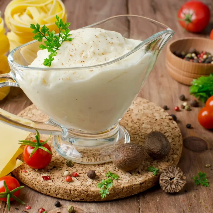 Besamelmártás tálban, mellette dekorációként paradicsom, petrezselyemlevél, szerecsendió.