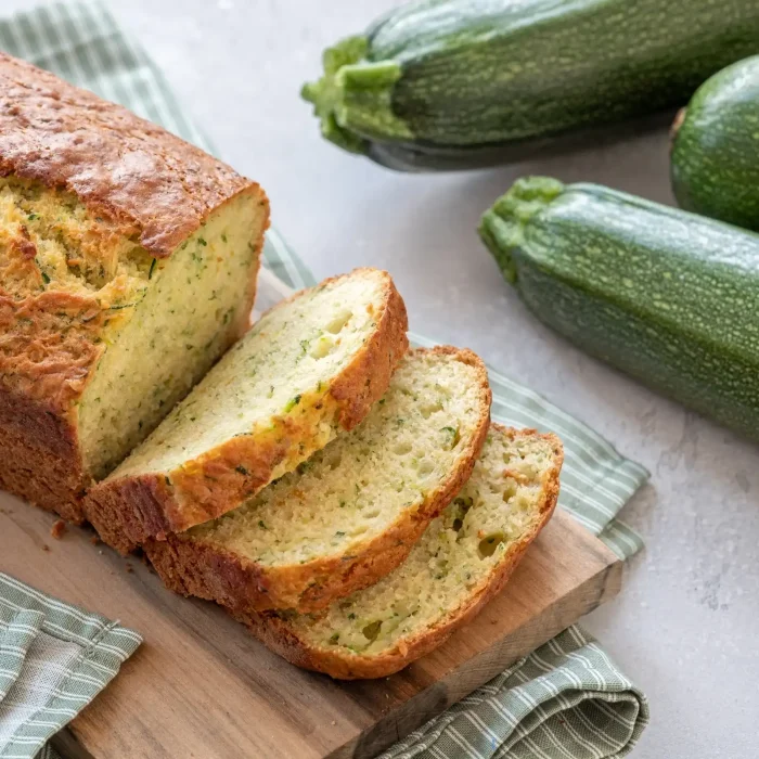 Cukkinis házi kenyér fa deszkán tálalva, mellette egész cukkini díszként