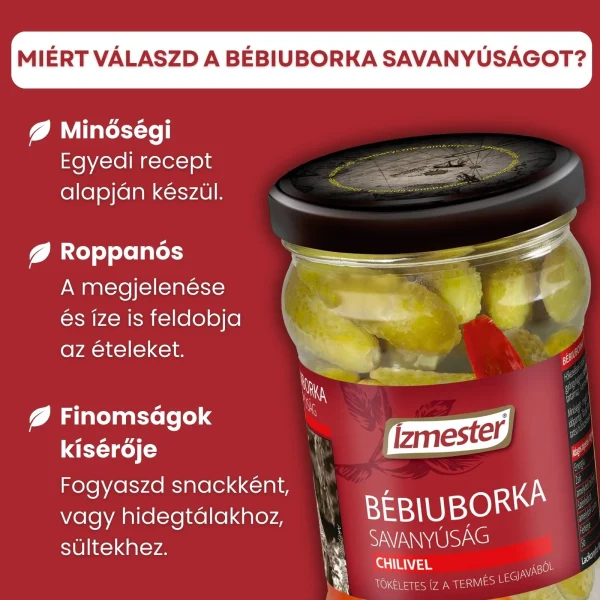 Infografika az Ízmester Bébiuborka savanyúság üveges termékről és a fő előnyeivel: minőségi recept, roppanós állag, hidegen és melegen is felhasználható.