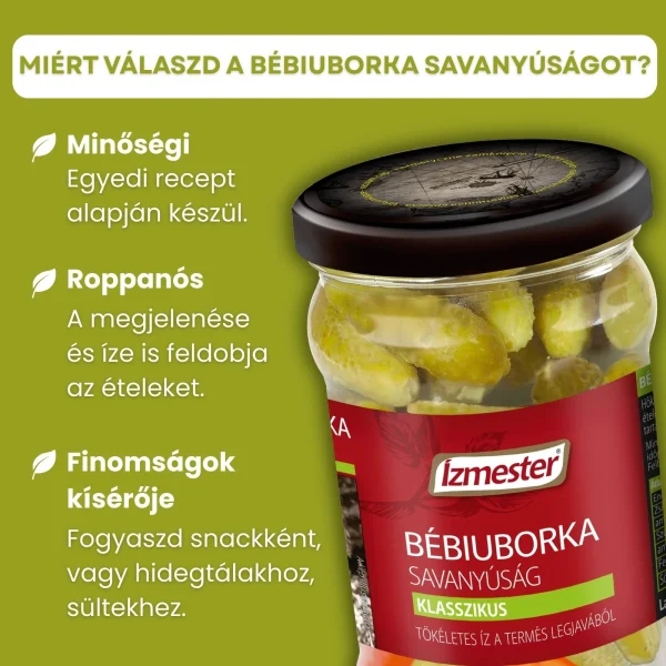 Infografika az Ízmester Bébiuborka savanyúság üveges termékről és a fő előnyeivel: minőségi recept, roppanós állag, hidegen és melegen is felhasználható.