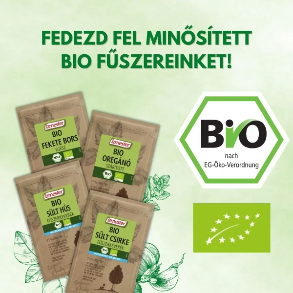 Bio fűszerek és bio fűszerkeverékek tasakban egymás mellé rendezve, mellette két bio minősítés logója
