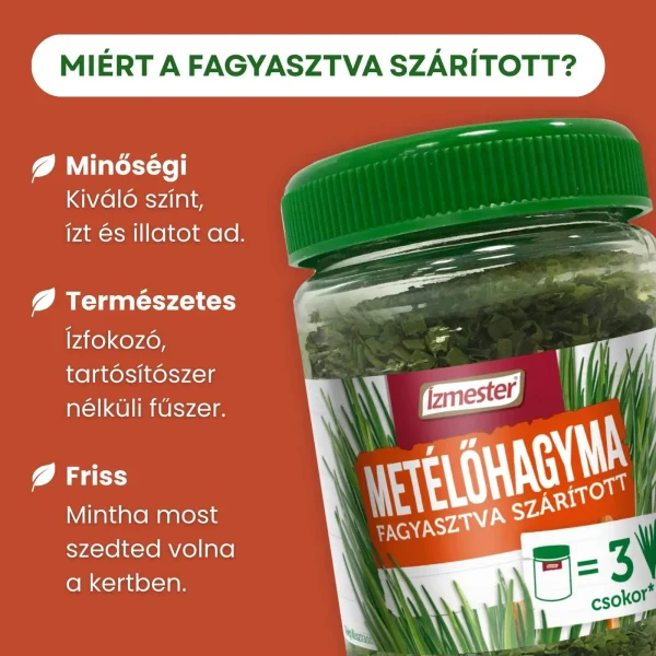 Infografika a fagyasztva szárított fűszerek előnyeiről, mellette dekorációként üveges kiszerelésű fagyasztva szárított metélőhagyma