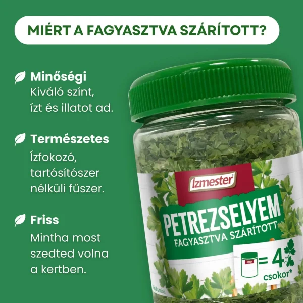 Infografika a fagyasztva szárított fűszerek előnyeiről, mellette dekorációként üveges kiszerelésű fagyasztva szárított petrezselyem