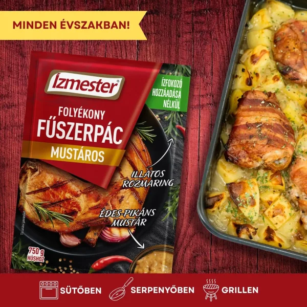 Egy tasak mustáros folyékony fűszerpác mellette egy tepsi húsos krumplis étel és feliratok, mely szerint a pác minden évszakban használható és a hús süthető sütőben, serpenyőben és grillen