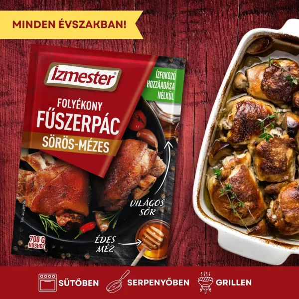 Egy tasak Ízmester márkájú sörös-mézes folyékony fűszerpác tasak felülnézetből, mellette egy tepsi sült csirke felsőcomb és felirat arról, hogy a pácot minden évszakban lehet használni.
