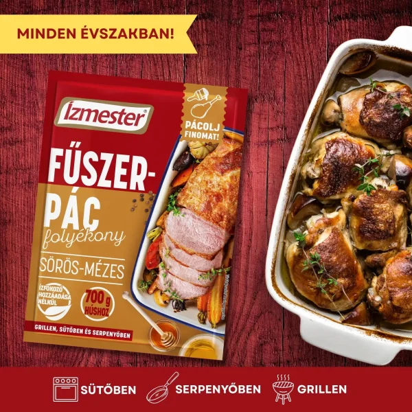 Ízmester márkájú sörös-mézes folyékony fűszerpác tasak elülső nézete