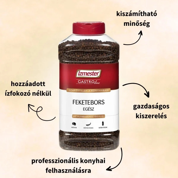 Gasztro kiszerelésű egész fekete bors fűszer termék műanyag PET palackban, terméktulajdonságokkal ábrázolva