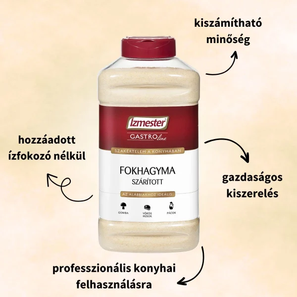 Gasztro kiszerelésű szárított fokhagyma fűszer termék műanyag PET palackban, terméktulajdonságokkal ábrázolva