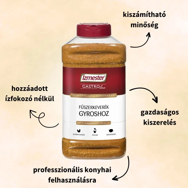 Gasztro kiszerelésű gyros fűszerkeverék termék műanyag PET palackban, terméktulajdonságokkal ábrázolva