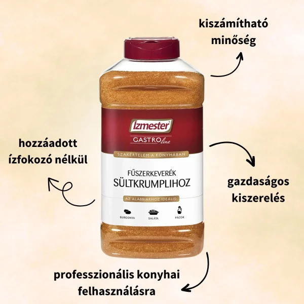 Gasztro kiszerelésű sült krumpli fűszerkeverék termék műanyag PET palackban, terméktulajdonságokkal ábrázolva