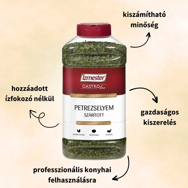 Gasztro kiszerelésű szárított petrezselyem termék műanyag PET palackban, terméktulajdonságokkal ábrázolva