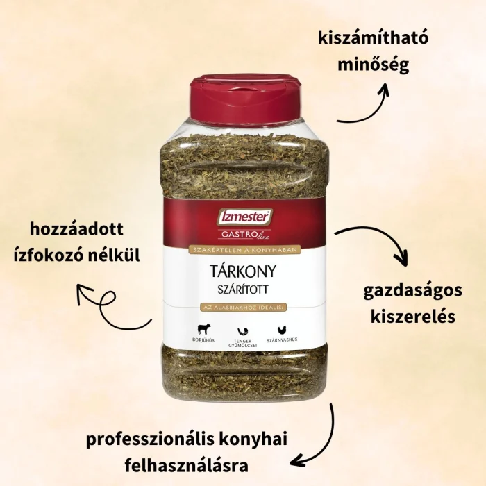 Gasztro kiszerelésű szárított tárkony termék műanyag PET palackban, terméktulajdonságokkal ábrázolva