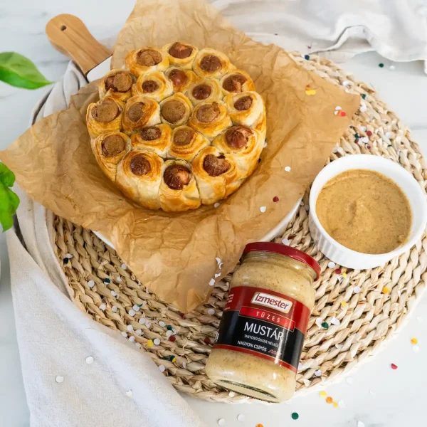 Szilveszteri sült virsli vendágváró falatok leveles tésztába csomagolva, asztalra helyezve konfettivel, üveges csípős mustárral