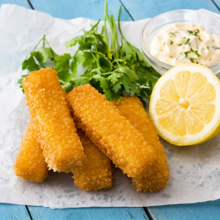 Rántott halrudak félbevágott citrommal tálalva, mellette friss saláta és szósz