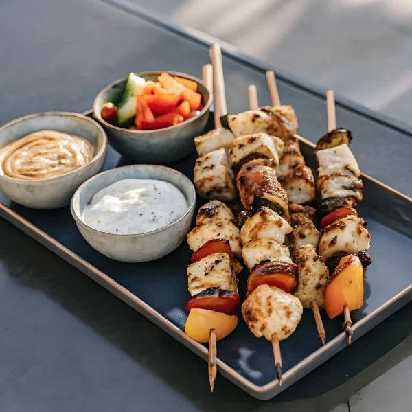 Saslik mártogatós szószokkal tányéron