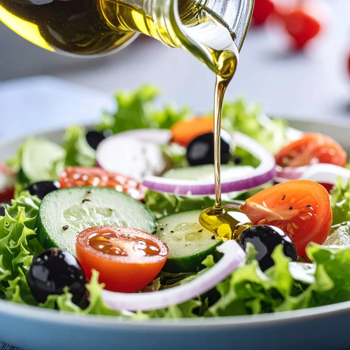 Friss zöld saláta paradicsommal, uborkával, hagymával, salátalevéllel egy tálban, salátaöntet olaj jal