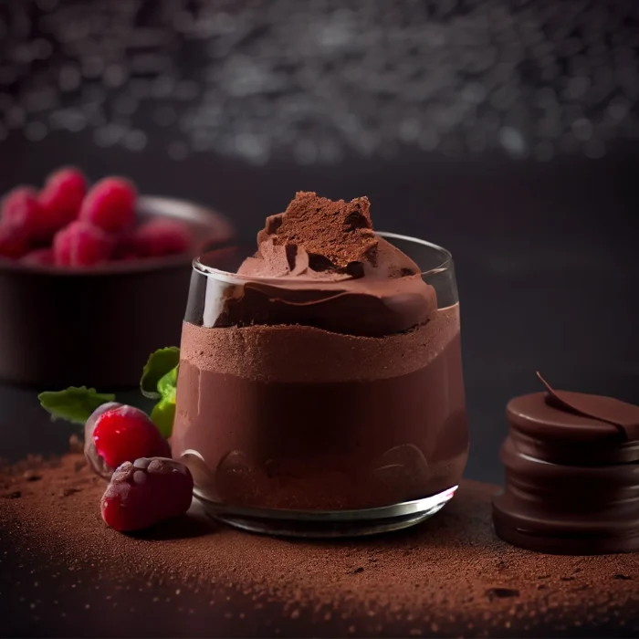 Étcsokoládés mousse pohárban, málnával tálalva