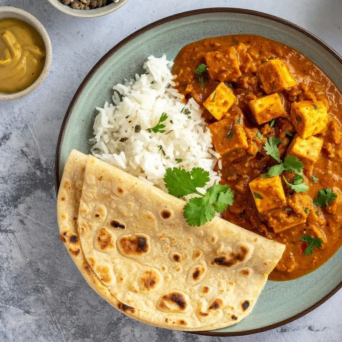 Indiai curry rizzsel és paneer kenyérrel