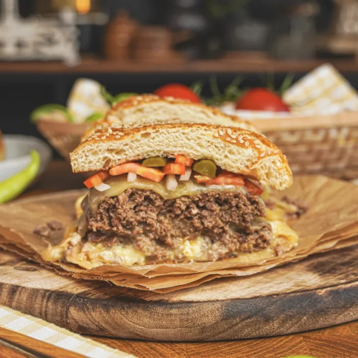 Házi készítési hamburger félbevágva, szaftos húspogácsával, mustárral, sajttal, uborkával és répával