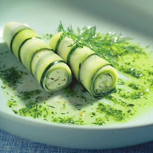 Uborkába tekert túrós töltelék tányéron, kapros öntettel tálalva