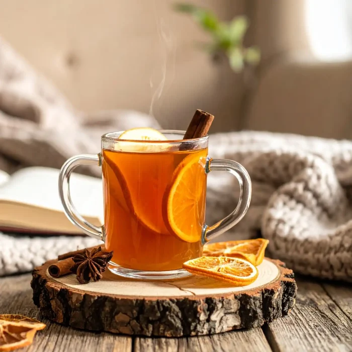 Forró tea egész fahéj és gyümölcsszeletekkel