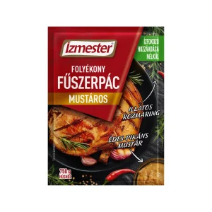 Ízmester márkájú mustáros folyékony fűszerpác tasak előlnézete