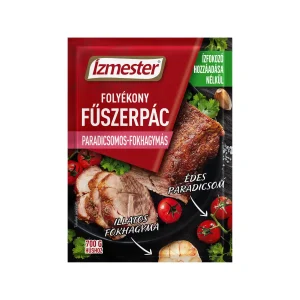 Ízmester márkájú paradicsomos-fokhagymás ízesítésű folyékony fűszerpác tasak előlnézete
