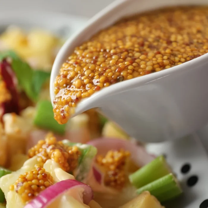 Egész magos francia dijoni mustár szósz fehér tálkában, friss salátára öntve