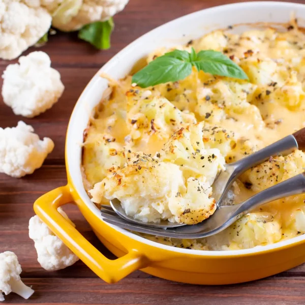 rakott karfiol sárga sütőtálban