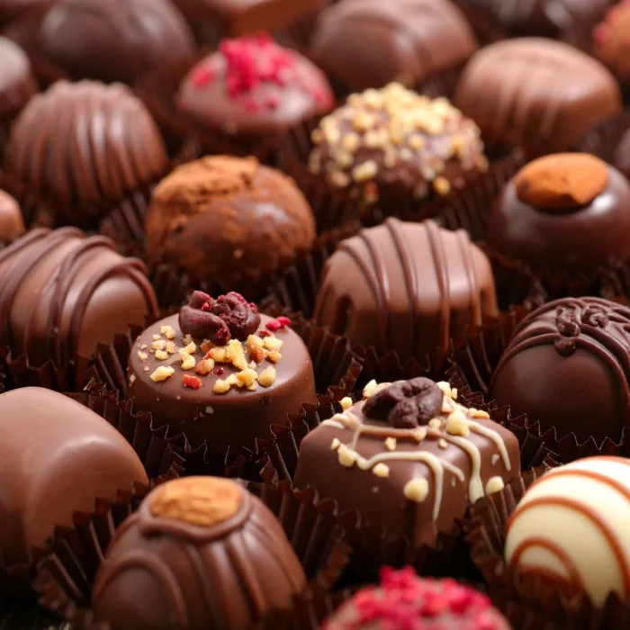 Étcsokoládés fűszeres bonbon pralinék trüffel kávébabbal, csokoládéval dísztíve