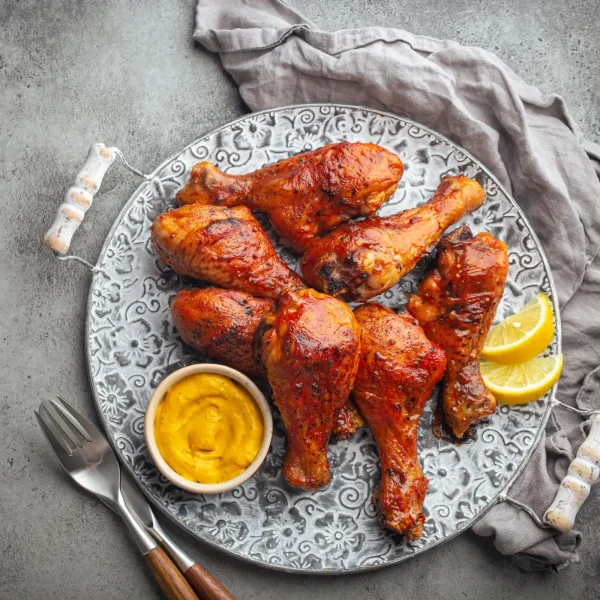 Grill csirkecomb tányéron szószokkal