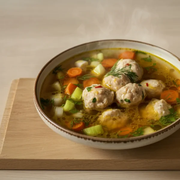 Húsgombócleves kaporral tányérban és fadeszkán