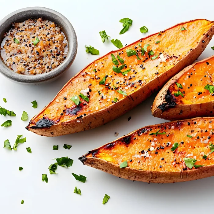 Sült édesburgonya félbevágva fűszerekkel megszórva fehér háttéren