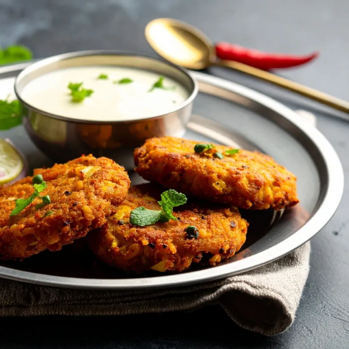 Rántott hússzeletek fehér szósszal, zöldfűszerekkel