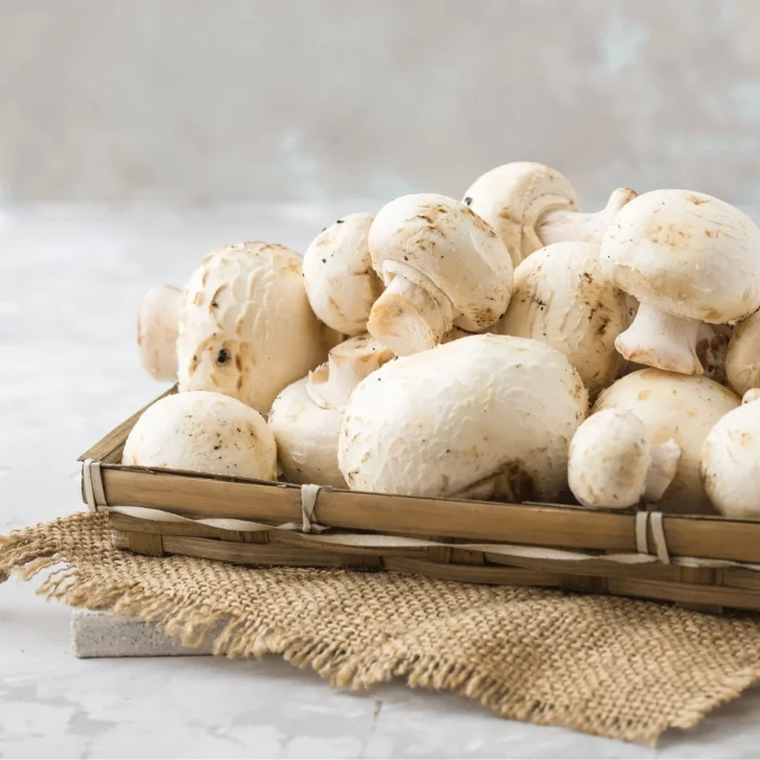 Friss fehér csipergegomba fa tálon