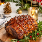 Szegfűszeggel tűzdelt sonka fa deszkán tálalva karácsonyi ünnepi asztalon