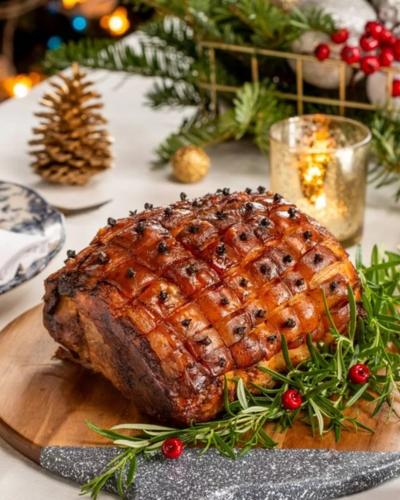 Szegfűszeggel tűzdelt sonka fa deszkán tálalva karácsonyi ünnepi asztalon