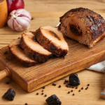 Szilvával töltött karaj fa deszkán félbevágva