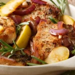 Sült sertéskaraj áfonyával, lila hagymával, almával egy tepsiben, rozmaringággal díszítve