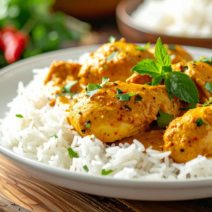 Curry csirke rizzsel tálalva, friss petrezselyemmel szórva egy fehér tányéron